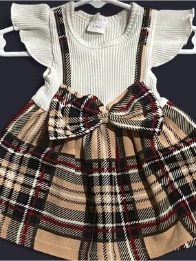 Plaid Suspender Bow Dress with White Ribbed Top One piece